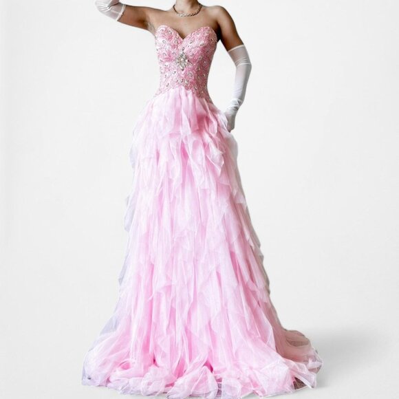 Vintage Pastel Pink Strapless Beaded Ruffle Fit Flared Formal Prom Dress Size M - Picture 1 of 8